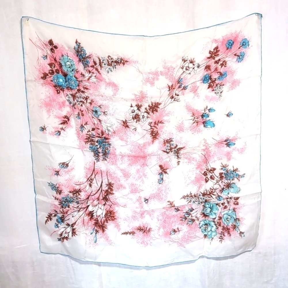 Vintage Momme Rayon Silk White Floral Square Scarf Hanky